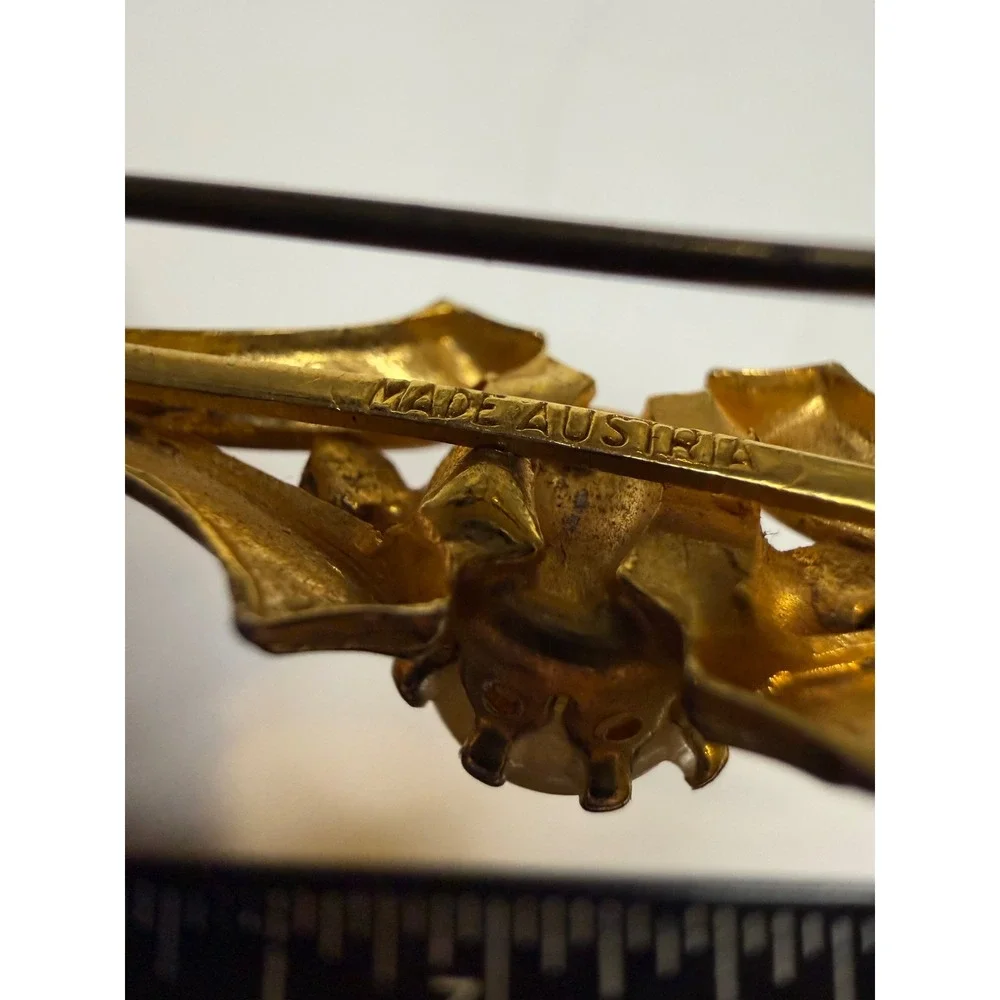 Vintage Made in Austria Gold Tone Faux Pearl Aurora Borealis  Bar Brooch